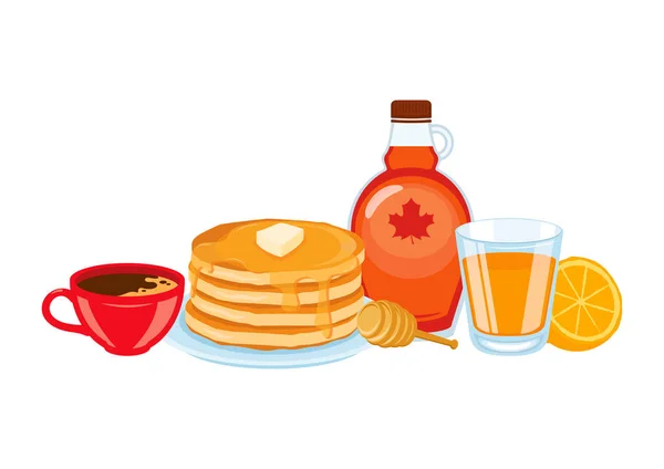 Pfannkuchen Mit Sirup Kaffee Orangensaft Frühstück Stillleben Vektor Frische Süße — Stockvektor