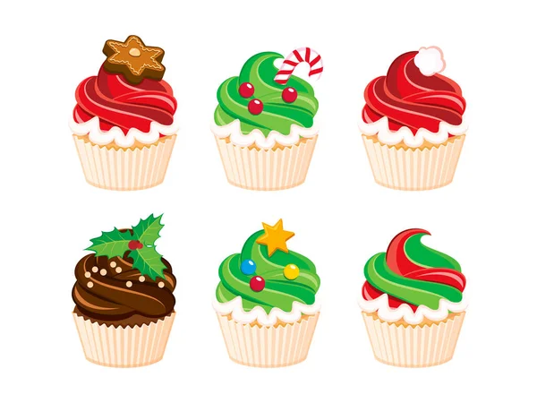 Cupcakes Natal Vetor Conjunto Ícone Natal Vermelho Verde Creme Cupcake —  Vetores de Stock