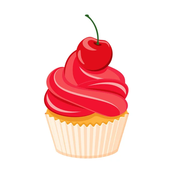Pinkfarbener Cupcake Mit Kirsche Der Spitze Des Symbolvektors Sahne Kirsch — Stockvektor