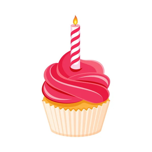 キャンドルアイコンベクトルとピンクの誕生日カップケーキ 白を基調としたピンクのカップケーキアイコンベクトル ロウソクの絵を描く誕生日カップケーキ — ストックベクタ