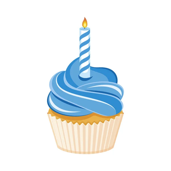 キャンドルアイコンベクトルとブルーの誕生日カップケーキ 白い背景に独立したおいしいブルーカップケーキアイコンベクトル ロウソクの絵を描く誕生日カップケーキ — ストックベクタ