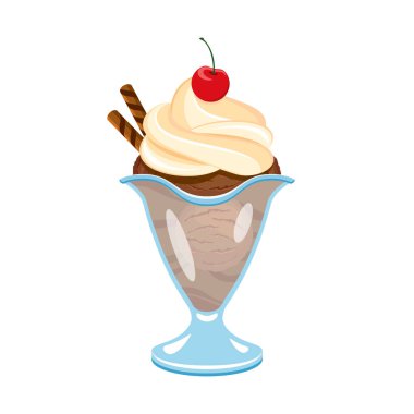 Chocolate Ice Cream Sundae with whipped cream and cherry on top icon vector. Ice cream sundae icon vector isolated on a white background. Chocolate ice cream cup with a wafer drawing clipart