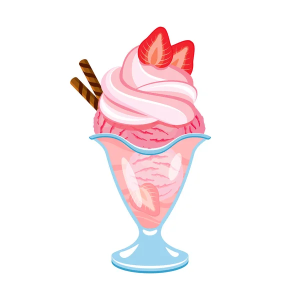 Strawberry Ice Cream Sundae Whipped Cream Strawberries Top Icon Vector — Stock Vector
