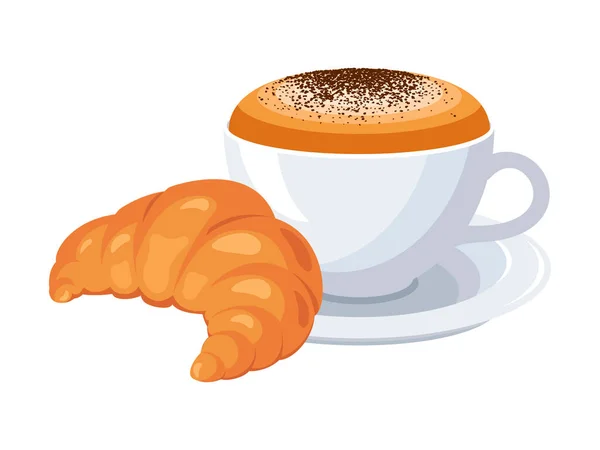 Frisches Croissant Und Cappuccino Mit Milchschaum Symbolvektor Buttercroissant Und Kaffeetassen — Stockvektor