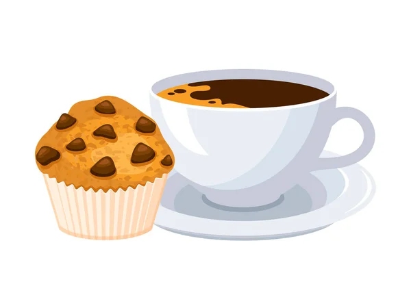巧克力松饼和一杯咖啡图标向量 巧克力片松饼和黑咖啡饮料图标向量分离的白色背景 甜蜜的早餐静谧的生活 — 图库矢量图片