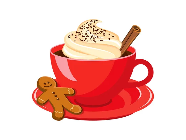 Hot Cocoa Drink Whipped Cream Cinnamon Icon Vector Red Mug — Stock Vector