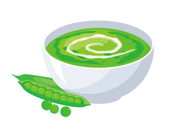クリームアイコンベクトルとエンドウ豆のスープ 白い背景に新鮮なエンドウ豆のポッドアイコンベクトルが隔離されたおいしいスープ 緑のスープ図のボウル — ストックベクタ