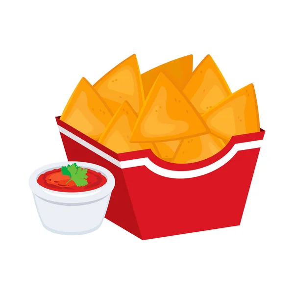 ナチョスの赤い食品の箱のアイコンのベクトル メキシコのトウモロコシトルティーヤチップトマトサルサソースの描画 白い背景に隔離されたナチョチップアイコンベクトル — ストックベクタ
