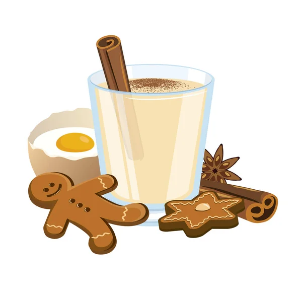 Eggnog Içeceği Noel Için Zencefilli Çörek Ikonu Bir Bardak Tarçınlı — Stok Vektör