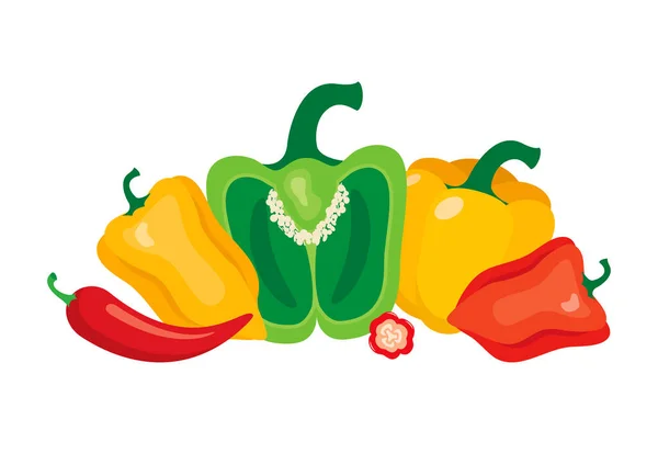 Chilischoten Und Paprika Symbolvektor Grünes Rotes Gelbes Paprika Symbol Auf — Stockvektor