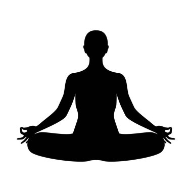 Yogada oturan kadın siluet ikon vektörü pozu veriyor. Meditasyon yapan kişi simgesi beyaz bir arkaplanda izole edildi. Yoga Lotus pozisyonunda oturan kız siyah siluet grafik tasarım elementi