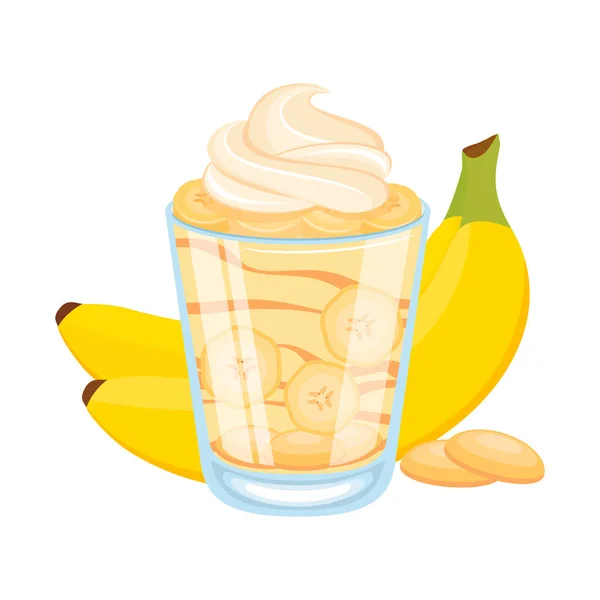 香蕉布丁在玻璃杯静物图标向量 香蕉奶油 香草薄片和奶油搅拌法 在白色背景上隔离的香蕉甜点设计元素 — 图库矢量图片