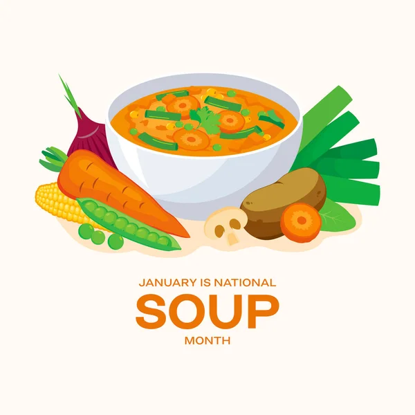 Январь Вектор Месяца Национального Супа Вкусный Свежий Овощной Суп Натюрморт — стоковый вектор