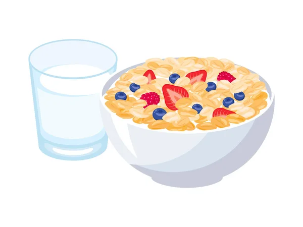 健康早餐与燕麦片一杯牛奶图标病媒 带有水果图标向量的谷类早餐在白色背景上被分离出来 燕片早餐静物画 — 图库矢量图片