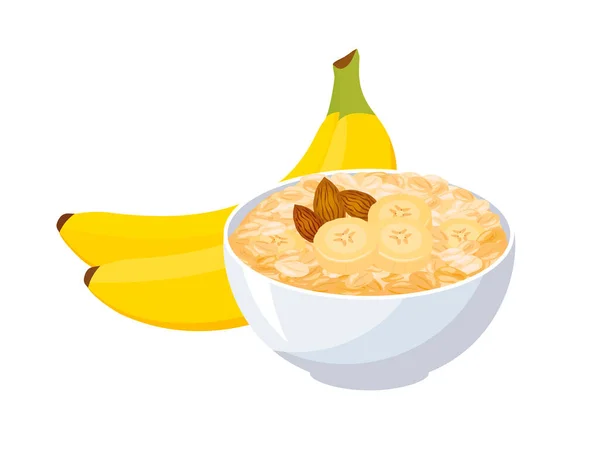 バナナとアーモンドのアイコンベクトルとオートミール 白い背景に隔離されたバナナフルーツアイコンベクトルと健康的なシリアル朝食 夜のフレーク朝食静物画 — ストックベクタ