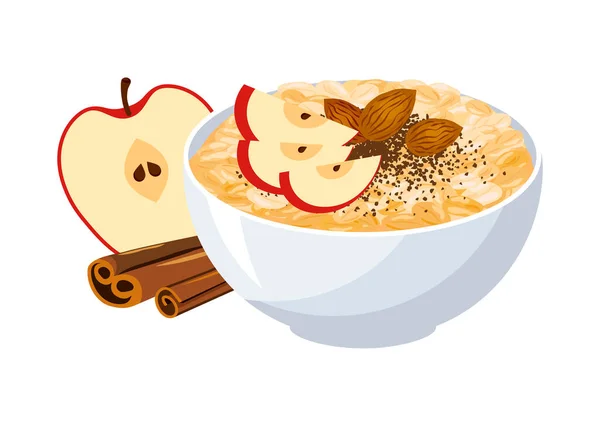 带有苹果和肉桂图标向量的燕麦片 健康的甜麦片早餐与苹果 肉桂和杏仁图标病媒分离的白色背景 燕片早餐静物画 — 图库矢量图片