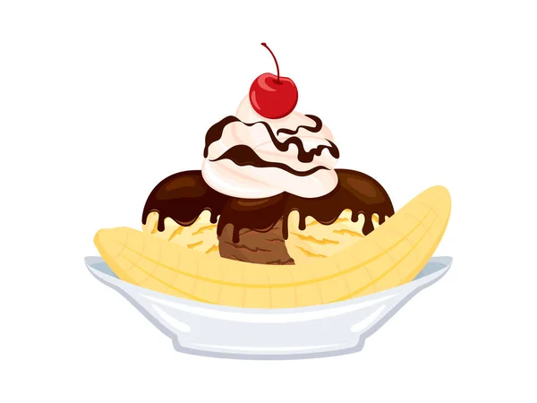 香蕉分冰淇淋船圣代图标向量 冰淇淋圣代与香蕉 搅拌奶油和樱桃在顶部病媒 巧克力和香草冰淇淋在白色背景上隔离的圣代图标 — 图库矢量图片