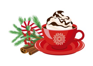 Krem şanti ikon vektörlü bir fincan sıcak çikolata. Bir fincan kakao çizimi. Kışlık içecek ve noel süslemeleri beyaz zemin üzerinde izole edilmiş ikon vektörü