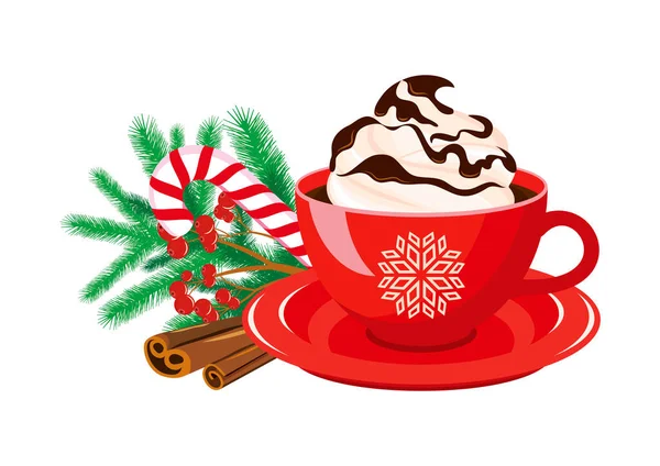 Red Mug Hot Chocolate Whipped Cream Icon Vector Cup Cocoa — Stock Vector
