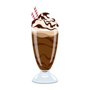 Krem şantili çikolatalı milkshake. Krem şantili çikolatalı milkshake ve beyaz arka planda izole edilmiş çikolata soslu vektör. Bir bardak kakao sütlü içecek çizimi