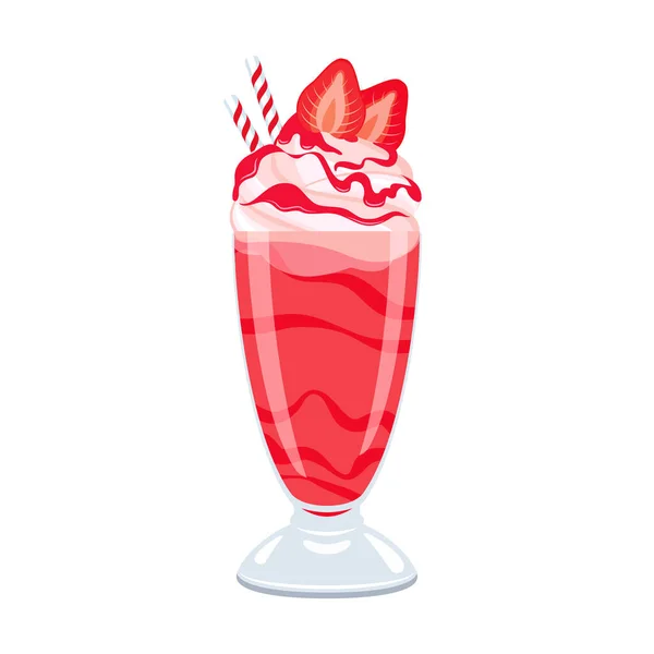 Strawberry Milkshake Whipped Cream Pink Topping Icon Vector Glass Strawberry — Stock Vector