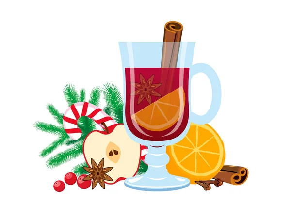 Hot Red Mulled Wine Christmas Still Life Vector Glass Christmas — Stock Vector