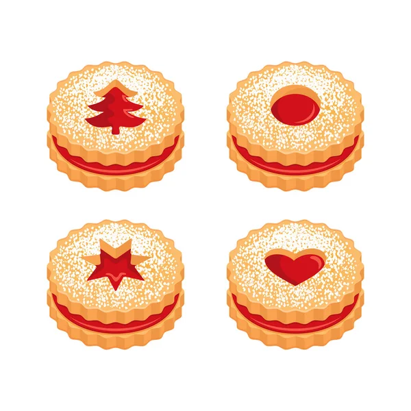 Linzer Navidad Cookies Icono Conjunto Vectores Deliciosas Galletas Redondas Navidad — Archivo Imágenes Vectoriales