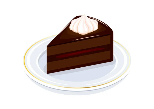 Scheibe Schokoladenkuchen Mit Schlagsahne Symbol Vektor Stück Schokoladenkuchen Auf Einem — Stockvektor