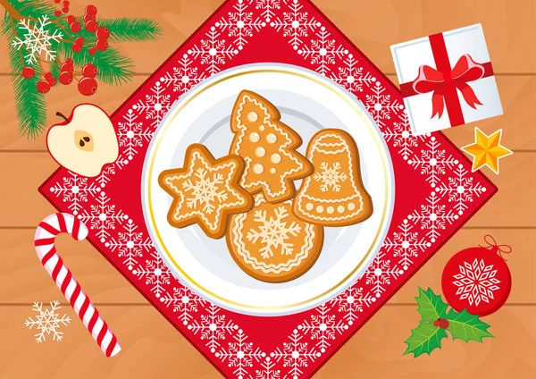 Christmas Wooden Table Gingerbread Decorations Top View Vector Christmas Dinner — Stock Vector