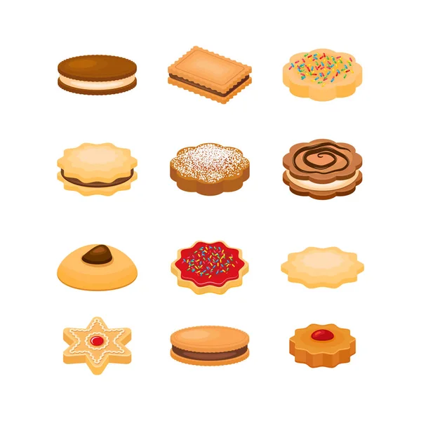 クッキーとお茶のケーキのアイコンセットベクトル 白の背景にアイソレートされたビスケットアイコンベクトル さまざまな種類のクッキーの描画 ショートブレッドクッキーコレクション — ストックベクタ
