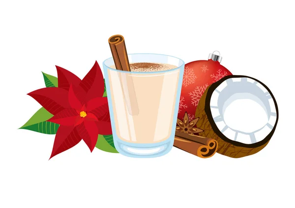 椰子蛋酒喝图标病媒 带有肉桂和椰子图标的波多黎各蛋酒在白色背景上被分离 圣诞酒水和装饰品静物画 — 图库矢量图片