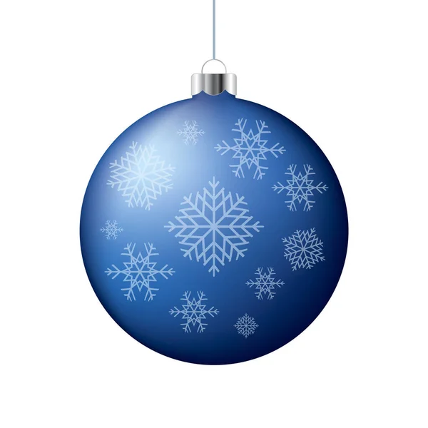 雪の結晶アイコンベクトルと青光沢のあるクリスマスボール 白い背景に隔離された美しい伝統的な青いクリスマスのバブルベクトル 明るいクリスマスボールグラフィックデザイン要素をぶら下げ — ストックベクタ