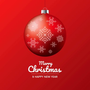 Güzel kırmızı, parlak noel topu simgesi taşıyıcısı. Mutlu Noeller ve mutlu yeni yıl tebrik kartları kırmızı arkaplan grafik tasarım unsurları üzerinde kırmızı noeller takılarak