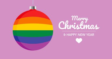 LGBTQ gökkuşağı noel topu pankart ikon vektörü. Mutlu Noeller ve mutlu yıllar, LGBTQ gökkuşağı Noel kartı mor arkaplan grafik tasarım unsurunda takdire şayan.