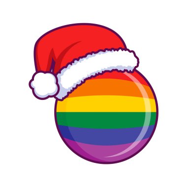 Noel Baba şapkası ikon vektörlü LGBTQ gökkuşağı Noel balosu. LGBTQ gurur bayrağı, beyaz arkaplan grafik tasarım unsuruna izole edilmiş Noel Baba şapkası takılı.