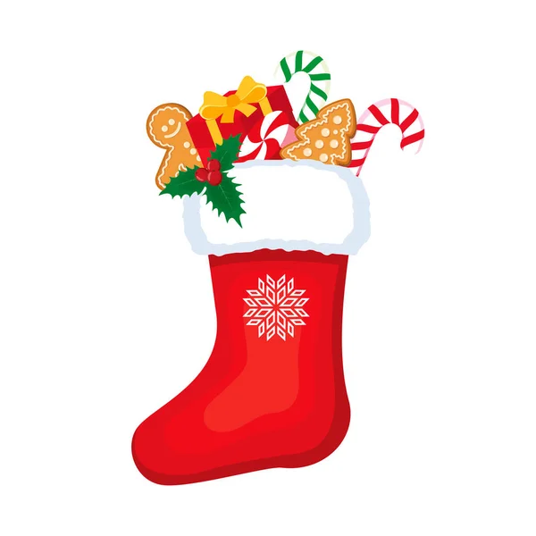 ギフトやキャンディーアイコンベクトルと赤いクリスマスのストッキング 白い背景に隔離された雪の結晶グラフィックデザイン要素と完全な赤いクリスマスソックス — ストックベクタ