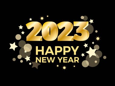 2023 Mutlu Yıllar siyah arka plan vektörü üzerinde parlak altın bir element. 2023, siyah arka planda altın renginde bir şenlik. Yeni yıl 2023 zarif siyah tebrik kartı illüstrasyonu