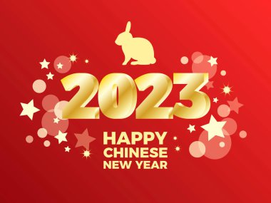 2023 Mutlu Çin Yeni Yılı, Tavşan Zodiac 'ın parlak kırmızı vektör çizimi yılı. Kırmızı zemin üzerinde 2023 yılına ait altın renginde bir şarkı. Çin Yeni Yıl 2023 tebrik kartı.