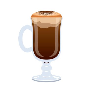 Cam bardak ikon vektöründe köpüklü kahve. Beyaz arka planda izole edilmiş İrlanda kahve fincanı grafik tasarım elemanı. Yumuşak süt köpük ikon vektörlü kapuçino