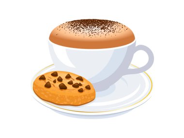 Cappuccino with milk foam and chocolate chip cookie icon vector. Cookie and coffee cup icon vector isolated on a white background