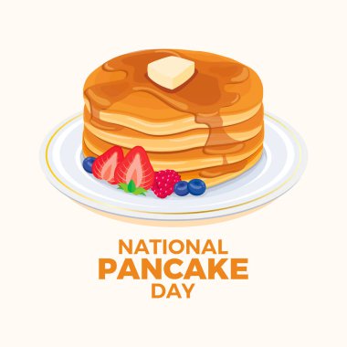 National Pancake Day vector. Fresh pancakes with berry fruits and syrup icon vector. Pile of delicious pancakes with butter on a plate illustration