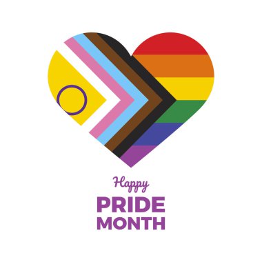Happy Pride Month poster with heart shape icon vector. Progress LGBTQIA pride flag in heart shape icon vector isolated on a white background. LGBT graphic design element. Rainbow gay flag heart illustration