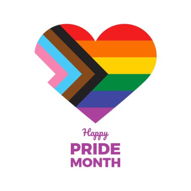 Happy Pride Month poster with heart shape icon vector. Progress LGBTQIA pride flag in heart shape icon vector isolated on a white background. LGBT graphic design element. Rainbow gay flag heart illustration