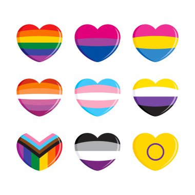Different sexual identity LGBT pride flag in heart shape icon set vector. LGBTQIA flag collection graphic design element isolated on a white background. Gay Pride love symbol vector