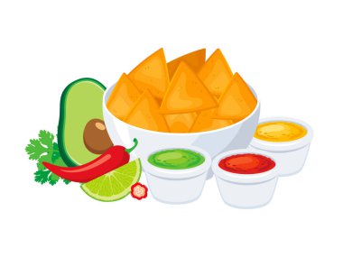 Nachos tortilla cipsi ve salsa sosu çizimi. Cips ve sos çizimi. Bir kase mısır cipsi ve garnitür beyaz arka planda izole edilmiş yaşam ikonu vektörü