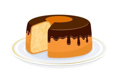 Chiffon cake with chocolate glaze icon vector illustration. Light and fluffy chocolate chiffon cake on a plate icon vector isolated on a white background. Delicious sponge cake sliced drawing