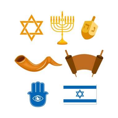 Jewish religious symbolism icon set vector. Star of David, torah, menorah, dreidel, shofar, hamsa and israel flag icon set isolated on a white background