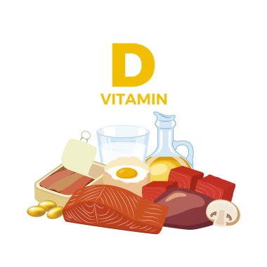 Vitamin D in food icon vector. Vitamin D food sources vector illustration isolated on a white background. Meat, milk, egg, oil, seafood vector. Pile of healthy fresh food drawing