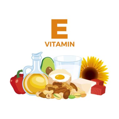 Vitamin E in food icon vector. Vitamin E food sources vector illustration isolated on a white background. Sunflower oil, nuts, milk, egg, butter, tuna meat vector. Pile of healthy fresh food drawing