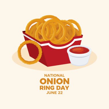 National Onion Ring Day vector illustration. Fried onion rings with tomato dip vector. Onion rings red food paper box graphic element. American delicacy food icon. June 22. Important day